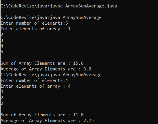 sum and average of array in java